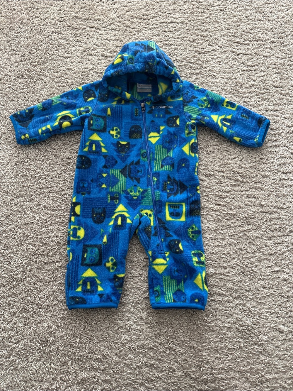 Columbia Blue and Neon Green Patterned Fleece Hooded One-Piece for Kids